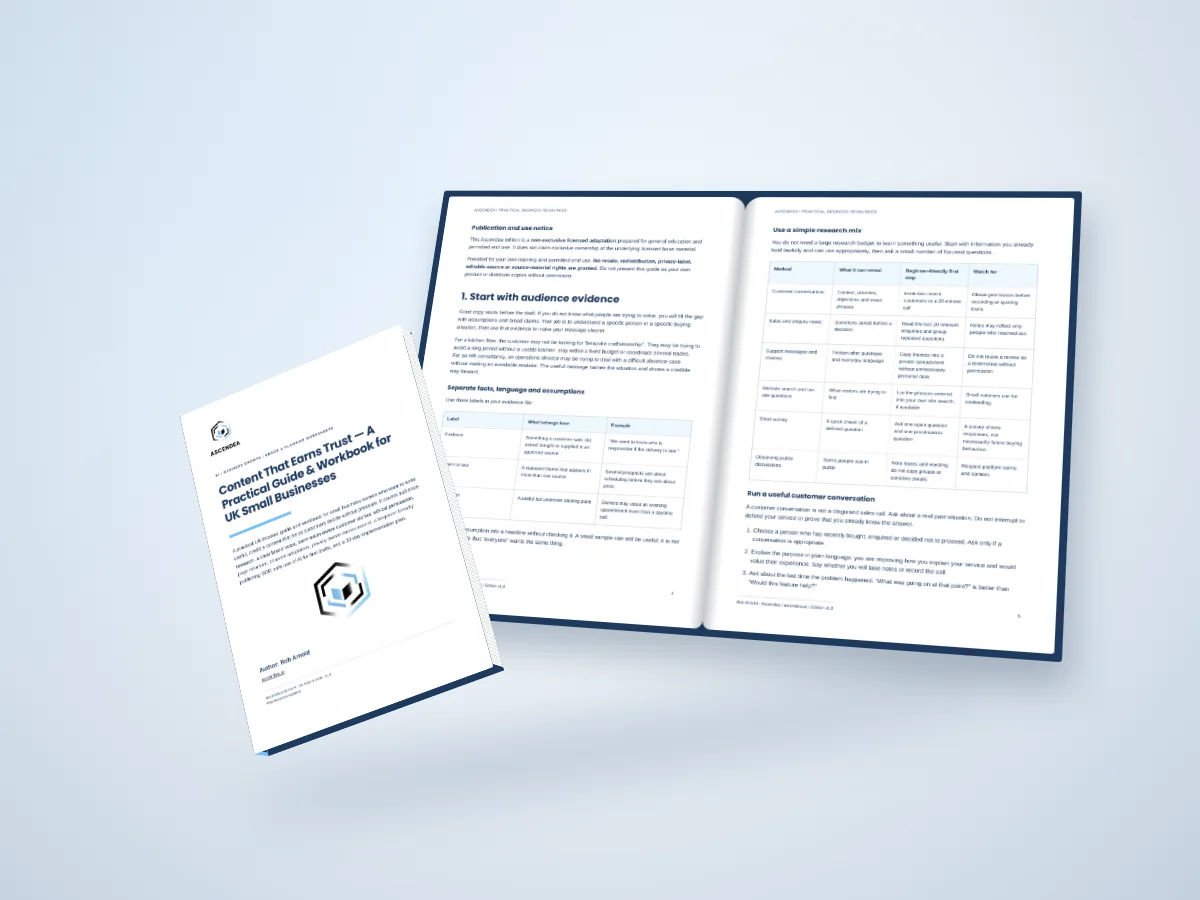 Open-book digital mockup showing pages 4 and 5 of Content That Earns Trust — A Practical Guide & Workbook for UK Small Businesses